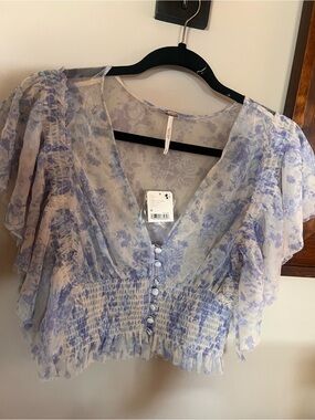 Free People Lavender Floral Sheer Smocked V-Neck Blouse